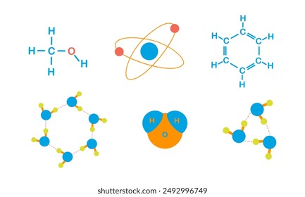 Set with colorful chemistry lessons illustrations of molecules, atoms, elements. Water molecule. Colorful elements for school laboratory and science school subject