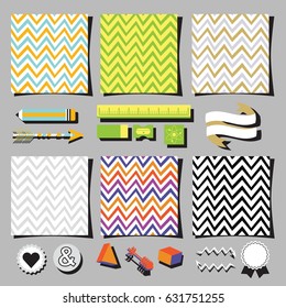 Set of colorful chevron background square cards with matching design elements