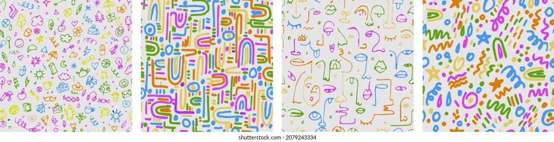 Set of colorful childish abstract hand drawn seamless pattern set. Contemporary minimal modern trendy freehand doodle. Templates for social media icons, posters. Vector