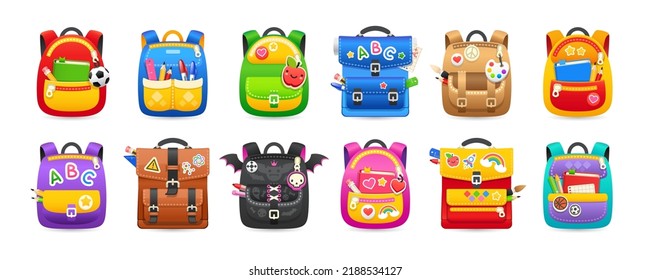 Set of Colorful Childish Backpacks. Vector clipart for your Back to School projects. Isolated on white background.