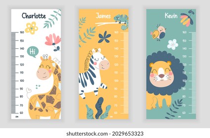 Set of colorful childish height charts for kids on grey background. Meter wall with cute animals. Poster template for nursery design. Flat cartoon vector illustration