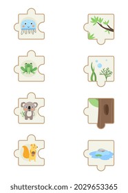 Set with colorful children educational puzzle game on white background. Game to find out where do animals live Activity for pre school years kids and toddlers. Flat cartoon vector illustration