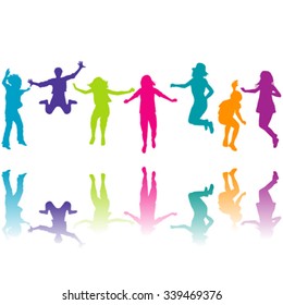 Set of colorful children silhouettes jumping on white background