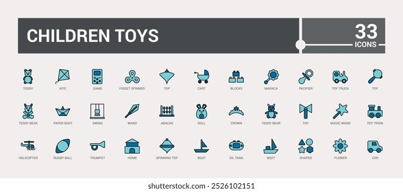 Set of colorful children toys icons set. Color editable art icons pack. Outline symbol collection, line icon for web and ui. Vector illustration. Icon names are written in English.