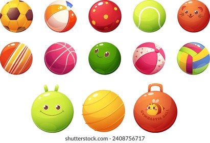 Set of colorful children's balls on transparent background. Striped balls, with hearts, emojis, volleyball and soccer balls, gym balls. Cartoon vector illustration