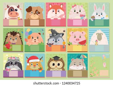 Set of colorful children's covers for notebooks with animals.