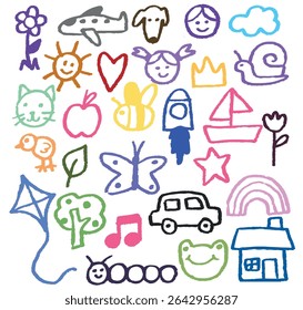 Set of colorful children's drawings, hand-drawn in crayon or marker. Includes elements such as animals, objects, nature, children, rainbows, and simple shapes. Ideal for educational materials, school 