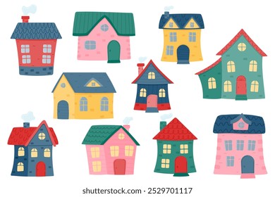 Set of colorful children's houses. Vector illustration in flat style isolated on a white background.