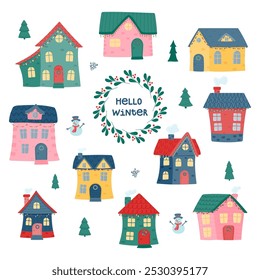 Set of colorful children's houses. Vector illustration in flat style isolated on a white background.