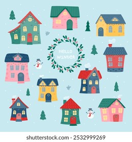 Set of colorful children's houses. Vector illustration in flat style isolated on a white background.