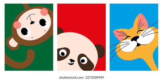 A set of colorful children's illustrations with cute animals. Monkey, panda and cat. Baby shower cards collection. Postcard, poster, children's room decoration, kids tee print.