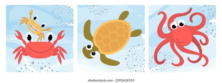 A set of colorful children's illustrations with cute sea animals. Crab, sea turtle and octopus. Postcard, poster, children's room decoration, kids tee print. Vector drawings in a flat style.