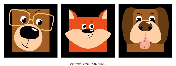 A set of colorful children's illustrations with cute animals. Bear, fox, dog. Baby cards collection. Postcard, poster, children's room decoration, kids tee print.