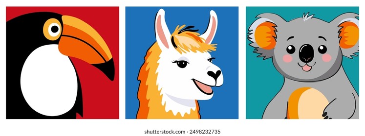 A set of colorful children's illustrations with cute animals. Toucan, llama, koala. Baby cards collection. Postcard, poster, children's room decoration, kids tee print.