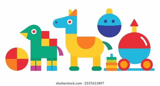 Set of colorful children's toys on white background