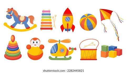 Set of colorful children's toys. Rocket, doll, pyramid, rocking horse, helicopter and drums on a white background. Baby toys icons, vector