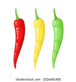 A set of colorful chili peppers on a white background. Cartoon design of vegetables.