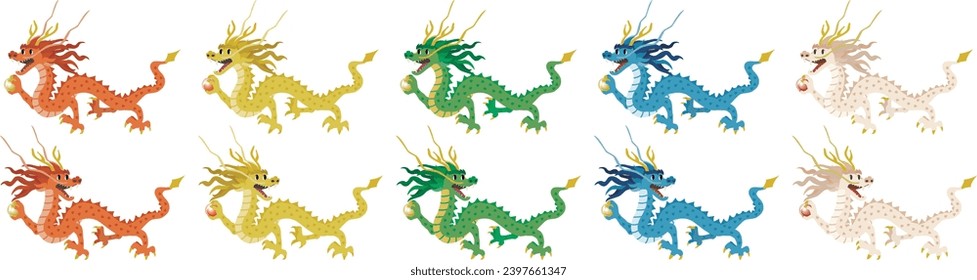 Set of colorful chinese dragons isolated on white background. Vector illustration.