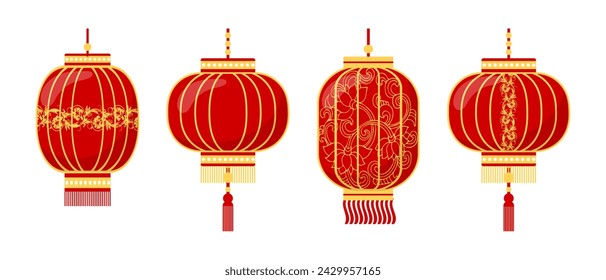 Conjunto de coloridas linternas chinas con patrones y dragones. Elementos de decoración para el Festival de la Linterna. iconos, vector