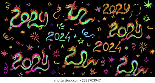 Set of colorful chinese new year 2024 symbols and dragons on dark background