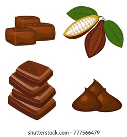 Set of colorful chocolate desserts and cacao beans with leaf.
