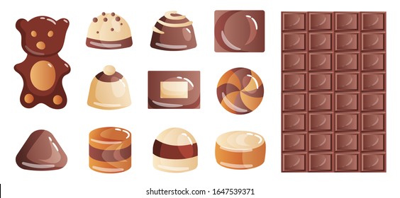 Set of colorful chocolate desserts and candies