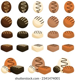 Set of colorful chocolate desserts and candies illustration. Vector chocolate brownies