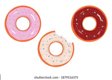 Set of colorful chocolate donuts with pink and white glaze and powder. Whole and bitten donuts versions. Vector EPS10 flat icons illustration on isolated white background. 