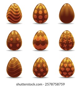 Set of colorful chocolate Easter eggs. Vector 3D Easter eggs isolated on white background	