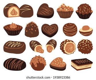 Set of colorful chocolates from boxes for the holidays, valentine's day, lunch or coffee break.  Vector illustration in color.