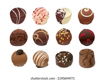 Set of colorful chocolates from boxes for the holidays, valentine's day, lunch or coffee break. Vector illustration in color