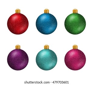 Set of colorful Christmas balls or baubles with glitter texture isolated on white background.