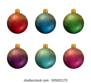 Set of colorful Christmas balls or baubles with golden glitter isolated on white background.