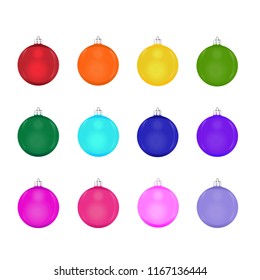 Set of colorful Christmas balls isolated on white background. Collection of toys for Christmas tree