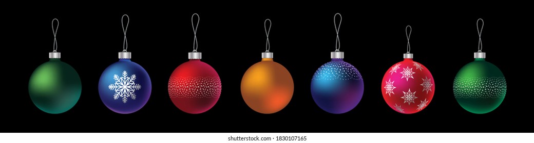 set of colorful Christmas balls with a white pattern. seven realistic options 
on a black background, horizontal format. stock vector graphics. EPS 10.