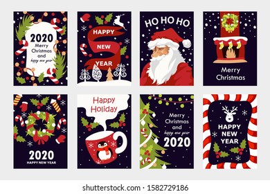 Set of colorful christmas cards. 2020 new year. Set of templates for cards, stickers, flyers.