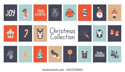 Set of colorful Christmas cards templates. Big collection cards with Santa Claus, snowman, candies, gifts, mittens, christmas tree. Illustration.