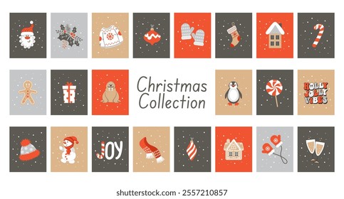 Set of colorful Christmas cards templates. Big collection cards with Santa Claus, snowman, candies, gifts, mittens, christmas tree. Illustration.
