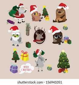Set of colorful christmas characters and decorations