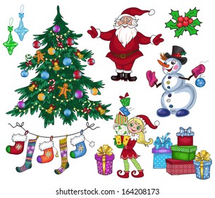 Set of colorful christmas characters and decorations