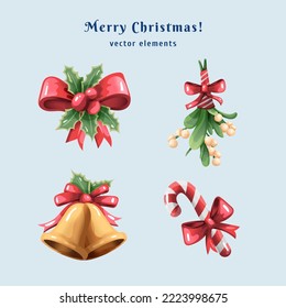 Set of colorful Christmas characters and decorations. Christmas festive vector realistic elements. Bells, mistletoe, candy cane, red bow, holly leaves. Christmas seasonal holiday card, winter holidays