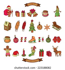 Set of colorful christmas characters and decorations