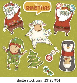 Set of colorful christmas characters and decorations