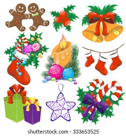 Set of colorful christmas characters and decorations