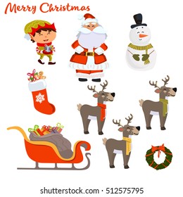 Set of colorful christmas characters and decorations