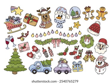 Conjunto de cliparts coloridos de Natal para decoração. Mão desenhado groovy. santa, gengibre, vela, caminhão, doces, meias, guirlanda, rena e ramos em estilo de desenho animado. ilustrações vetoriais isolar