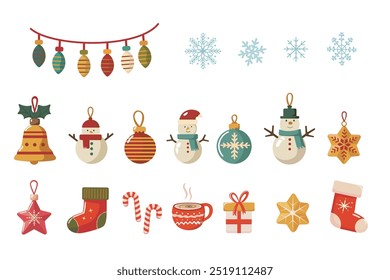 Set of colorful Christmas decorations and ornaments including snowflakes, snowmen, and holiday symbols