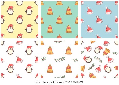 Conjunto de elementos o caracteres coloridos de Navidad en patrones sin fisuras. Dibujo manual de pingüino lindo, sombrero de navidad y campana. Plantilla de diseño de vectores.