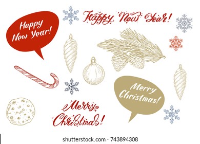 Set of colorful christmas elements , decorations and lettering. Vector illustration