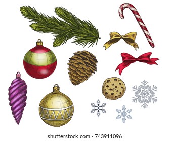 Set of colorful christmas elements and decorations. Vector illustration.
